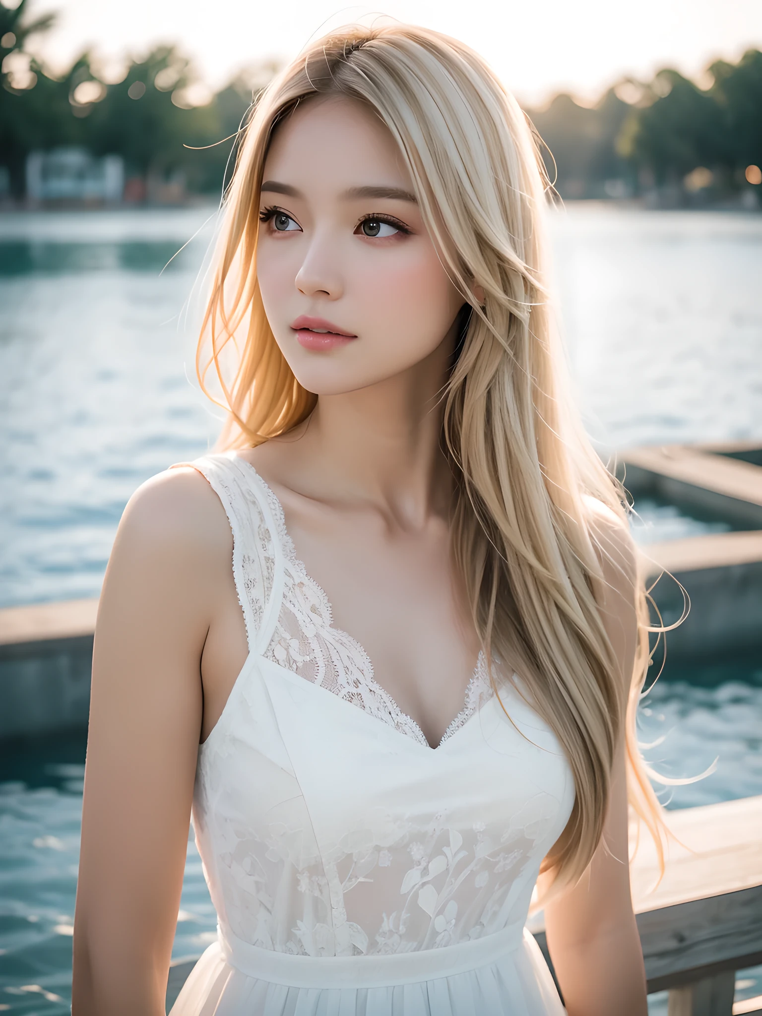 best qualtiy, masterpiece, (realistic:1.6), raw photograph, 1girl, portrait, white lace trim dress, view from side, deep shading, low tune, soft light, looking to the front, sexy pose, long blonde hair, outdoor,water park background, njght time, rim light, bokek,