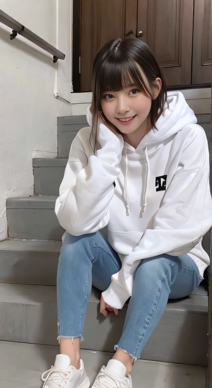 highest quality, Realistic, Very detailed, Finer details, High resolution, 8k wallpaper, One beautiful woman,Sit on the stairs、（Wear black socks）smile、（Beautiful teeth alignment、）（Gums are visible） Oversized hoodie, Skinny jeans, White sneakers、Black Hair、 Beautiful Bangs、ear piercing、、short hair、Perfect dynamic composition, Beautiful and detailed, Full Body Shot, A big smile
