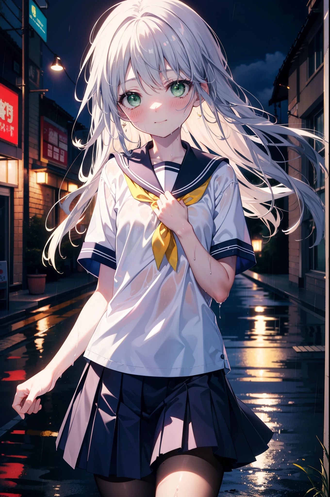 index, index, (Green Eyes:1.5), Silver Hair, Long Hair, (Flat Chest:1.2),smile,blush,Embarrassing,Wet Hair,Wet Skin,Wet clothes,Upper Eyes, uniform(Blue sailor suit),Short sleeve,Yellow pleated skirt,Black pantyhose,Brown Loafers,rain,cloudy,屋根がある建物でrainから隠れる,rain宿り,Puddle,evening,cloudy空,
break looking at viewer, Upper Body, whole body,(Cowboy Shot:1. 5)
break otdoors,In town,Building district,
break (masterpiece:1.2), highest quality, High resolution, unity 8k wallpaper, (figure:0.8), (Beautiful fine details:1.6), Highly detailed face, Perfect lighting, Highly detailed CG, (Perfect hands, Perfect Anatomy),