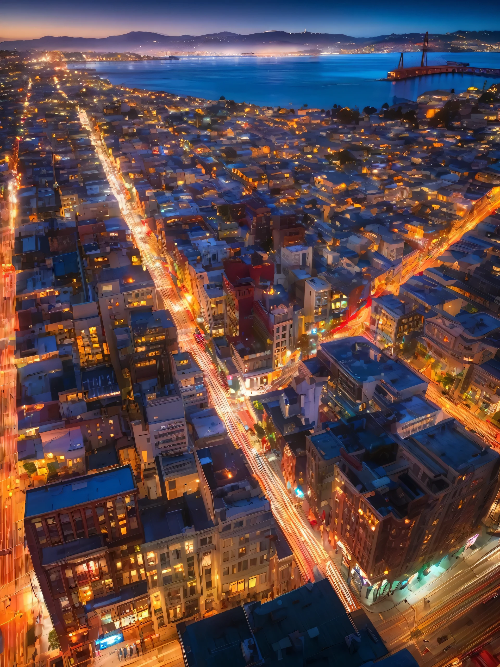 arafed view of a city at night with a long street, a tilt shift photo by Matt Stewart, shutterstock, renaissance, san francisco, photograph of san francisco, city sunset night, busy cityscape, twilight in the city, beautiful cityscape, beautiful city, city sunset mist neon lights, vista of a city at sunset, high quality desktop wallpaper, city twilight landscape