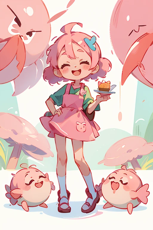 Kindergarten girl, cute, Guangdong morning tea, shrimp dumplings, shrimp, wearing apron, light pink hair, standing posture, IP, blind box, happy laughter, proportional three headed body, Q version