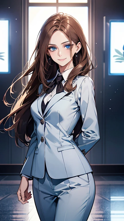 (highest quality,High resolution,Very detailed),1 girl, Beautiful and elegant light blue eyes, Brown Hair, Cold Smile,Straight long hair tied back, Wearing a suit,secretary, Mature Woman, Age 25,Cruel smile, Calm and Calm, Slim figure,Small breasts, Pale complexion, thin, Calm, In the conference room.