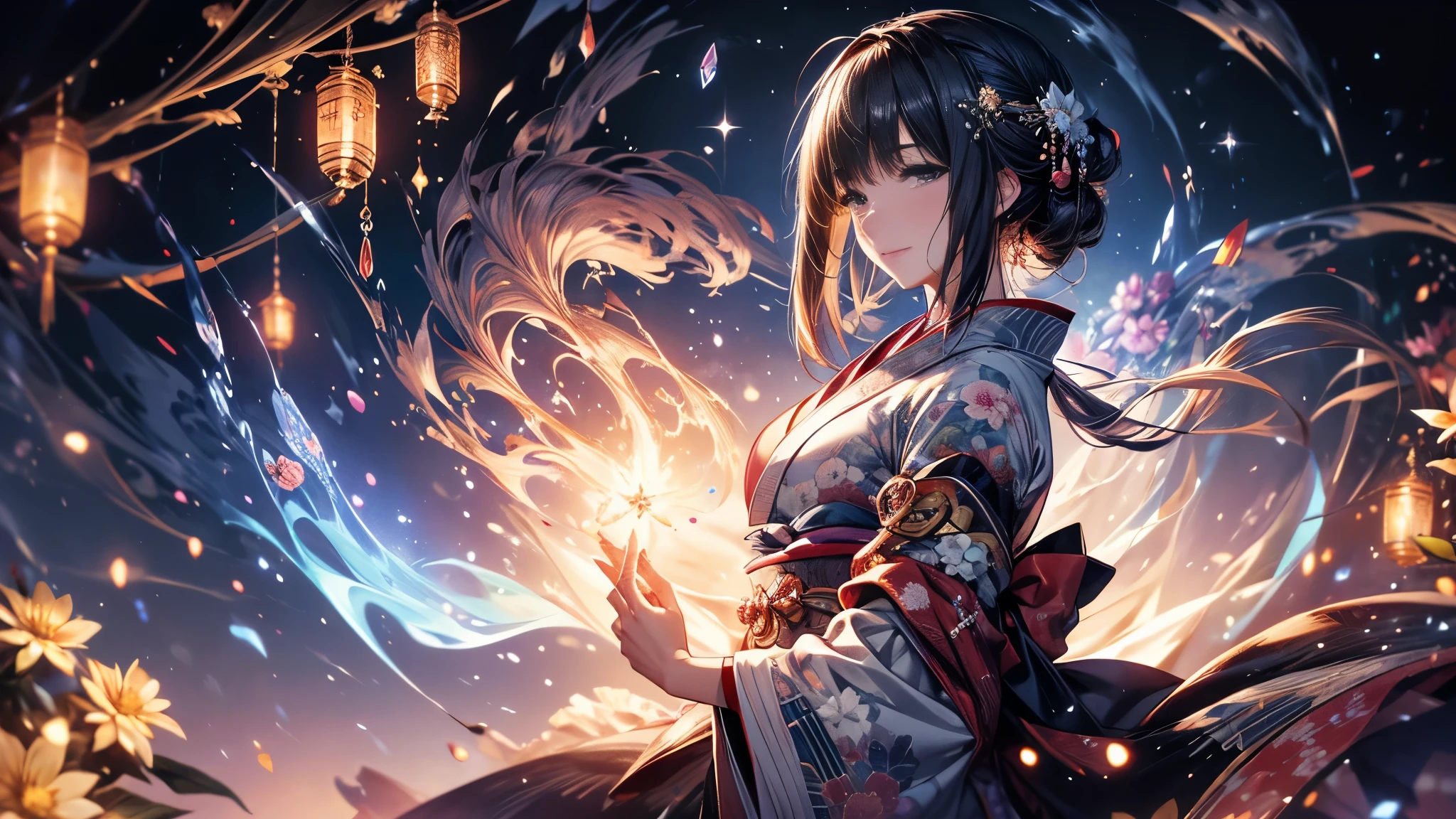  Ultra-delicate, Clear focus, (high resolution), Deformed depth of field blurred background, Detailed background, Perfect layer cutting, Atmospheric distance sense, artistic, (full-body shot/Cowboy shooting/Top view/Top view), 8K, wallpaper, Micro light, complicated, familiar, black magician, particle, constellation, Stardust, universe, ((flower)), comfortable peace, peaceful, Japan, Himiko, kimono, With crystal, Fortune Telling, time and space,