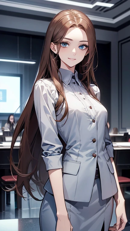(highest quality,High resolution,Very detailed),1 girl, Beautiful and elegant light blue eyes, Brown Hair, Cold Smile,Straight long hair tied back, Wearing a black suit,secretary, Mature Woman, Age 25,Cruel smile, Calm and Calm, Slim figure,Small breasts, Pale complexion, thin, Calm, In the conference room.