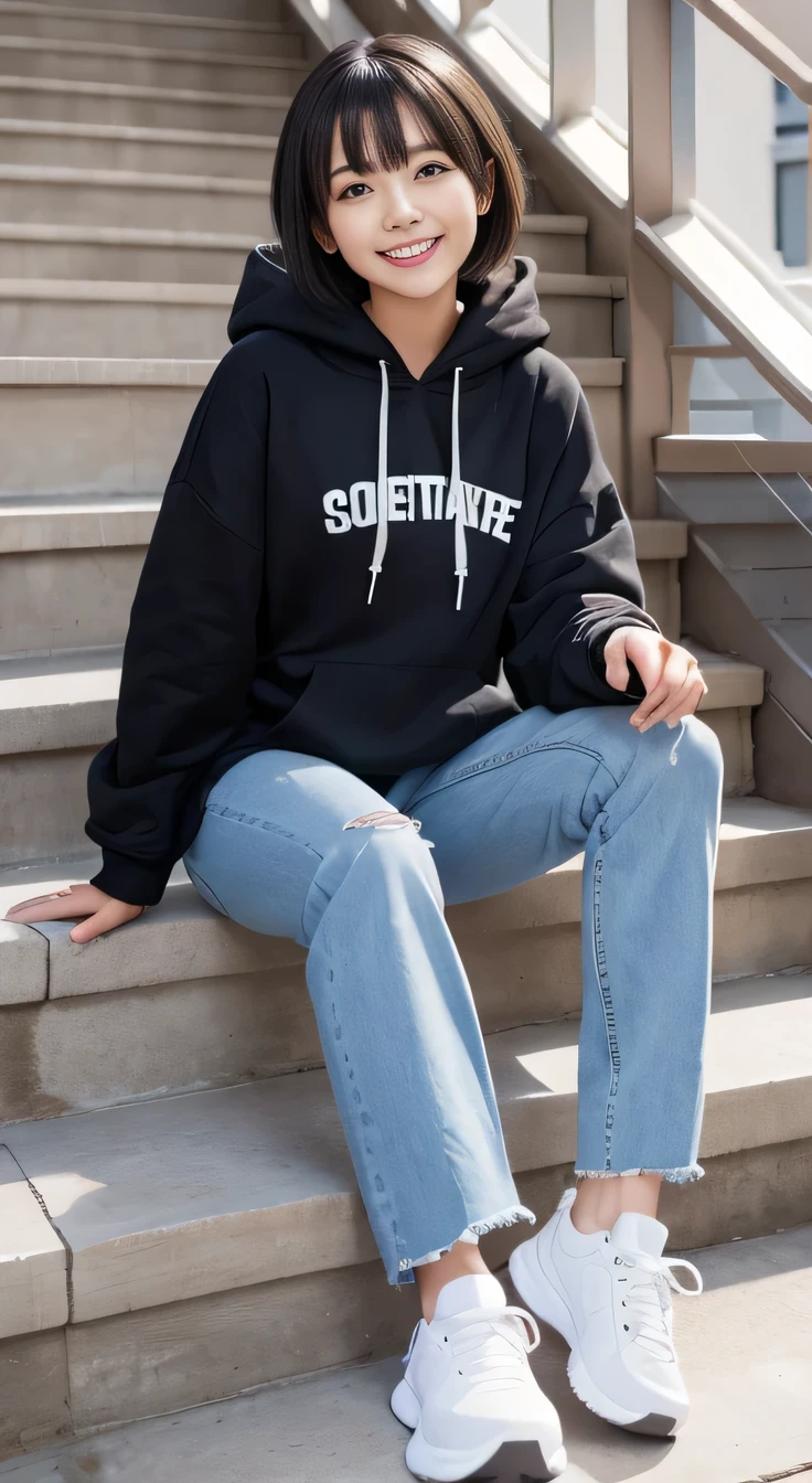 highest quality, Realistic, Very detailed, Finer details, High resolution, 8k wallpaper, One beautiful woman,Sit on the stairs、（Wear black socks）smile、（Beautiful teeth alignment、）（Gums are visible） Oversized hoodie, Skinny jeans, White sneakers、Black Hair、 Beautiful Bangs、ear piercing、、short hair、Perfect dynamic composition, Beautiful and detailed, Full Body Shot, A big smile

