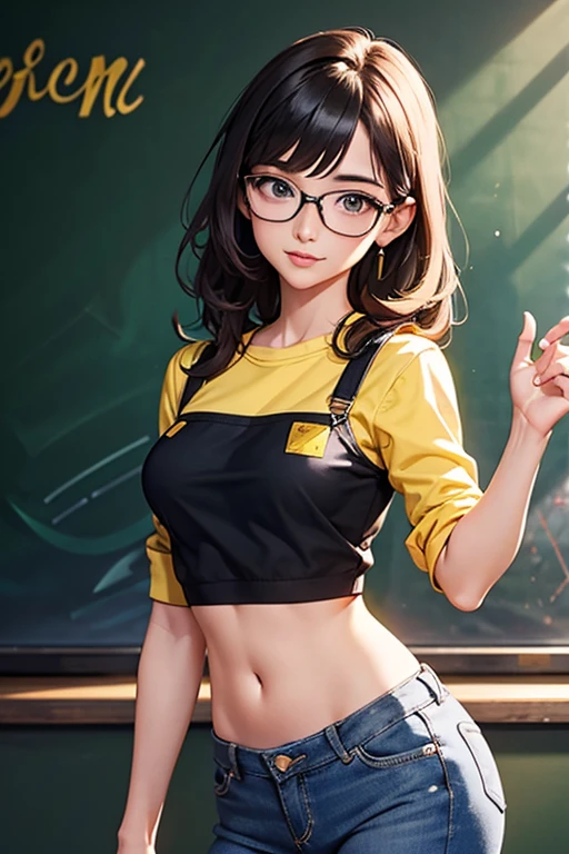 30 years-old women, yellow crop top shirt, blue jean, showing navel, glasses, classroom, teacher, teaching, (((blackboard)))