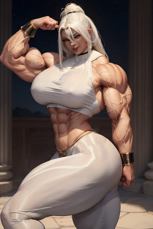 ((((Massive tall, beautiful, buff, light brown skinned, muscular woman with white hair, black lipstick, ginormous bulky muscles and wearing a white genie costume with harem pants)))), ((close view)), vascular, massive muscles, massive biceps, hyper muscle shoulders, vascular shoulders, hyper muscle triceps, (long straight white hair), blue eyes, (midriff), high heel shoes, smile, (in a mystical desert), evening, Vascular arms, hyper vascular arm, hyper muscles arms, hyper muscle legs, massive buff arms.