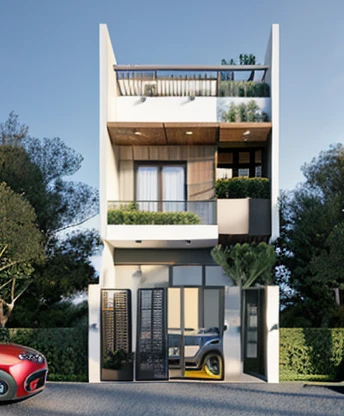 Townhouse in city, daylight,warm light, (sharp focus) front view of townhouse in style of modern, Vietnamese architecture ,mutual colours, soft lighting, warm atmosphere,high Resolution, hyper detailed,8k, hdr, ,vray render, hyper realistic,exterior design , professional photography, exterior photography,wide-angle shot , ultra detail, real world location, road sign, cityscape, pavement, ground vehice, cloudy sky. doors and windows are made by Xingfa. bancony have many trees , ivys, palms. black iron frame. wooden ceiling, ceiling light, black iron gate, iron railing, fence walls is made by black stone, 2 floors