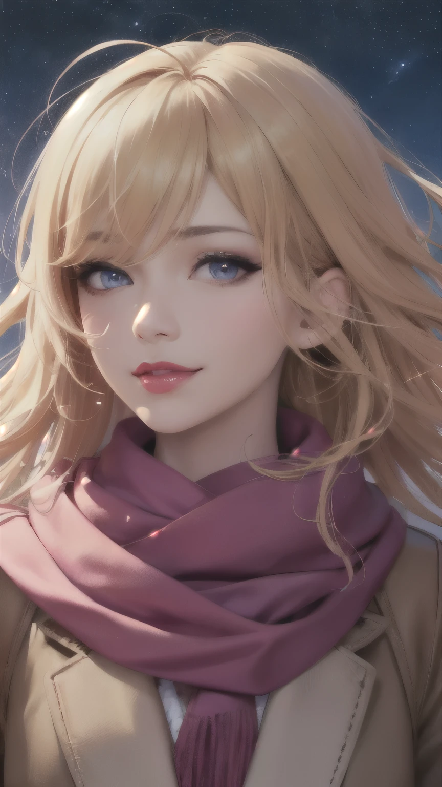 1 girl, ahoge, bang, Blonde hair, air kiss, Blue eyes, blue scarf, brown scarf, split, closed mouth, eyelashes, Face, floating hair, hair between eyes, heart, lips, lipstick, long hair, I look at the viewer, draw up, night sky, nose, one eye is closed, orange scarf, pink lips, pink scarf, portrait, Purple eyes, realistic, red lips, red scarf, scarf, signature, smile, One, space, spoken heart, star (sky), starry sky, upper body, watermark, Yang Xiao Long, yellow scarf