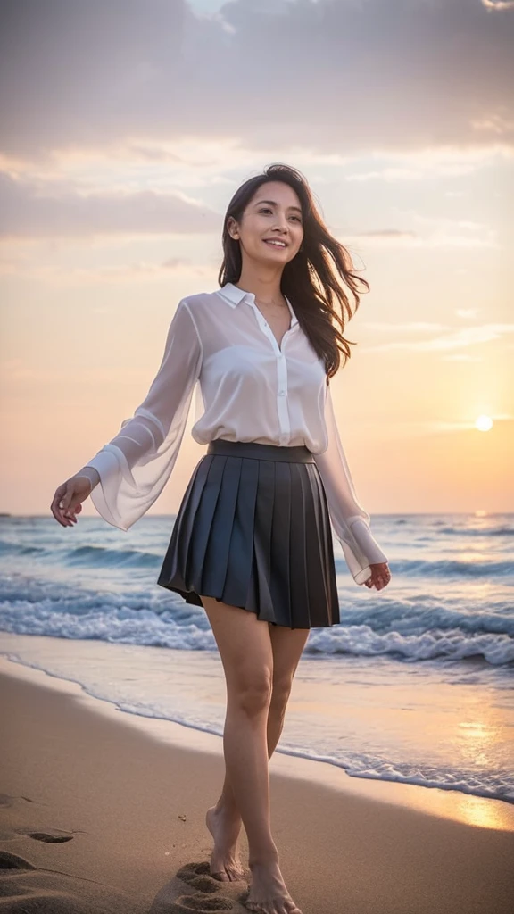 ((Top Quality)), ((8K)), ((Masterpiece: 1.3)), (Perfect Appearance), (Photorealism: 1.6), (Japanese woman walking on the beach with the sunset in the background: 1.4), (sandy beach at sunset), (The sea dyed red by the sunset), (The setting sun is dazzling), (Backlit), (Mont Saint Michel can be seen in the background: 1.2), japanese woman, (48 years old), ((Standing upright, facing forward, center of screen)), ((Realistic skin texture)), (Fine wrinkles throughout the skin: 1.3), (Dull skin: 1.1), (Skin without moisture: 1.2) , (Wrinkles on the face: 0.9), (Wrinkles on the corners of the eyes: 1.2), Double eyelids, tear bags on the lower eyelids, (Crying moles: 0.9), The eyes are looking here, serious gaze, (Dimples: 1.2), smile with the corners of the mouth raised wide, straight medium length, hair fluttering in the wind, soft fabric blouse, (transparent blouse: 1.3), (Plump and glamorous body), (wide sleeves), (Cuffs that fit your wrist), (The hem of the blouse is tucked into the skirt: 1.2), (pleated long skirt: 1.2), (Bare feet wet with seawater), (whole body: 1.3), Angle from feet: 1.2,
