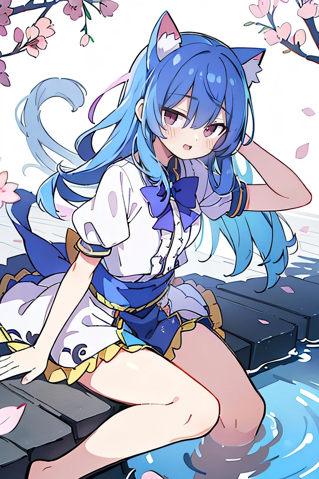 (masterpiece:1.2),ultra-detailed,realistic,expressive eyes,fair-skinned,perfectly shaped face,1girl,
Japanese cartoons,Gorgeous blue hair, flowing blue hair,floating clothes,cat ears,petals falling,beautiful Lola,Hina Angel,
hands on waist,gracefully sitting on the ground,legs crossed,gentle and serene background,cool and comfortable pavilion,smile.