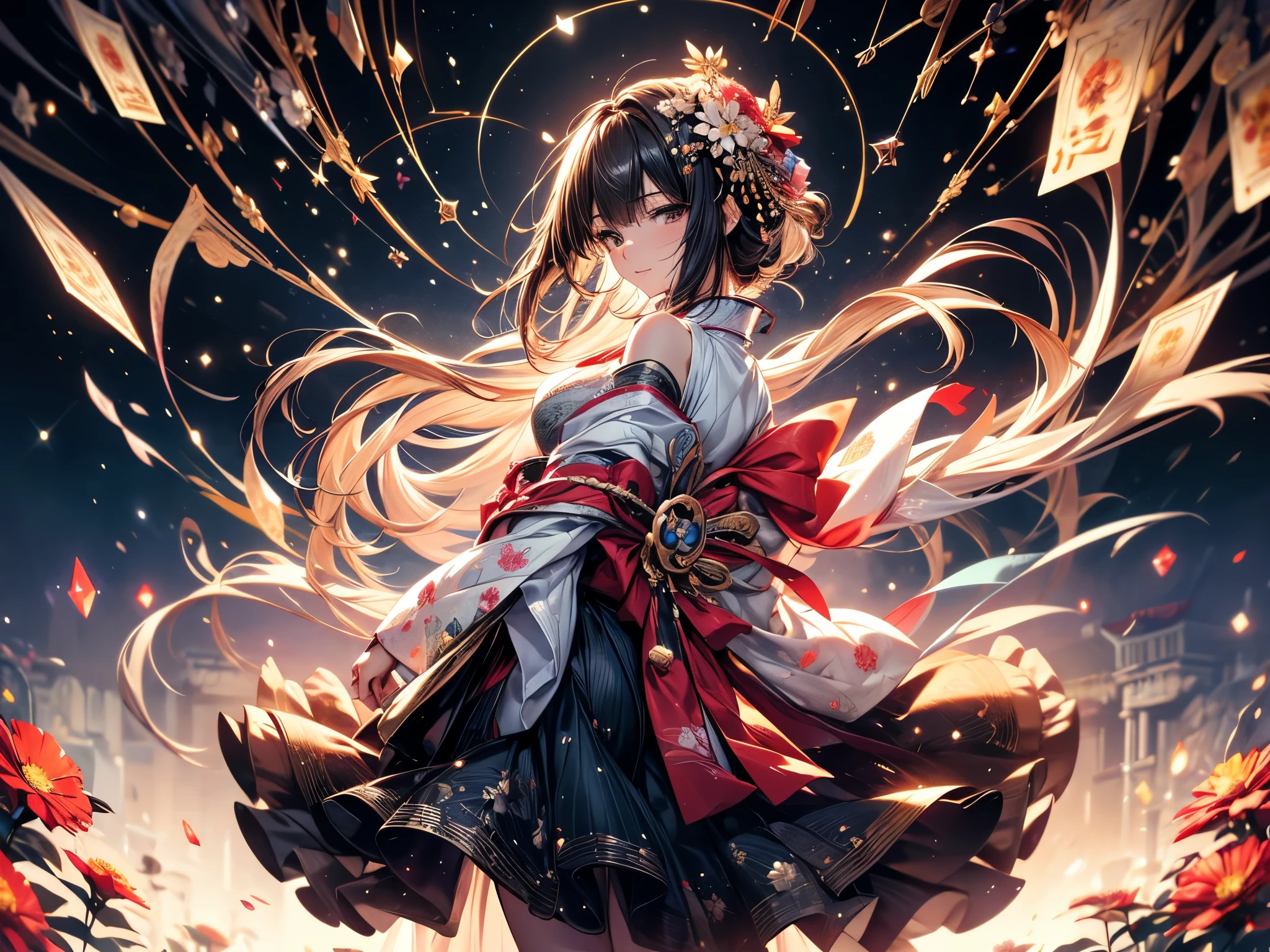 Ultra-delicate, Clear focus, (high resolution), Deformed depth of field blurred background, Detailed background, Perfect layer cutting, Atmospheric distance sense, artistic, (full-body shot/Cowboy shooting/Top view/Top view), 8K, wallpaper, Micro light, complicated, familiar, black magician, particle, constellation, Stardust, universe, ((flower)), comfortable peace, peaceful, Japan, Himiko, kimono, With crystal, Fortune Telling, time and space,