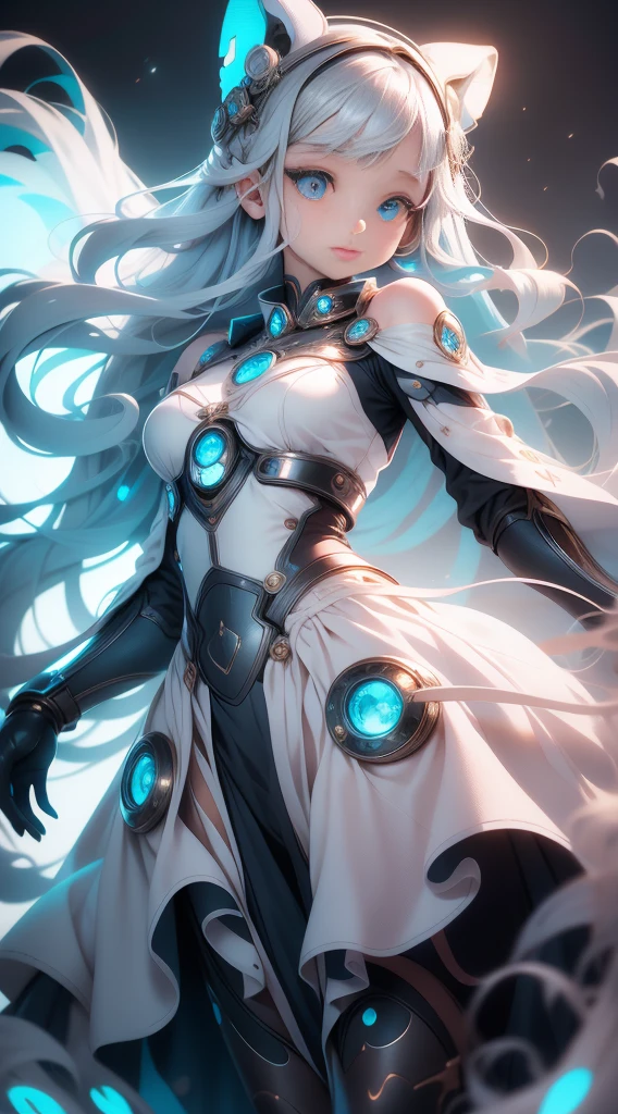 1girll, Solo, Super fine illustration, An extremely delicate and beautiful, Best quality, Silver hair, Blue eyes, Cute, Lovely, elegant, moon surface, Moonlight, Dazzling, Shining, Radiant, Sparkling, magical, Dreamy, Enchanting, Ethereal, mistic, Otherworldly, Celestial, Futuristic.
