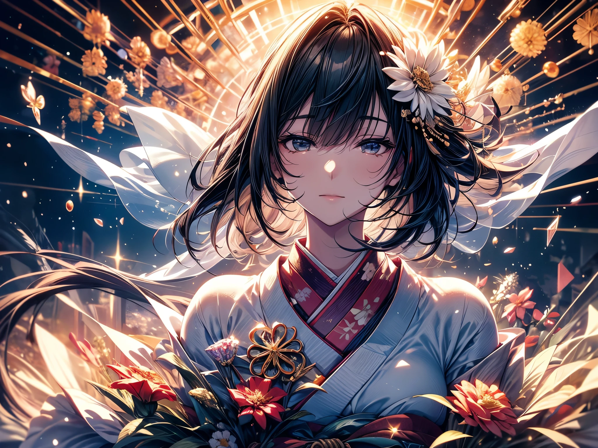 Ultra-delicate, Clear focus, (high resolution), Deformed depth of field blurred background, Detailed background, Perfect layer cutting, Atmospheric distance sense, artistic, (full-body shot/Cowboy shooting/Top view/Top view), 8K, wallpaper, Micro light, complicated, familiar, black magician, particle, constellation, Stardust, universe, ((flower)), comfortable peace, peaceful, Japan, Himiko, kimono, With crystal, Fortune Telling, time and space,