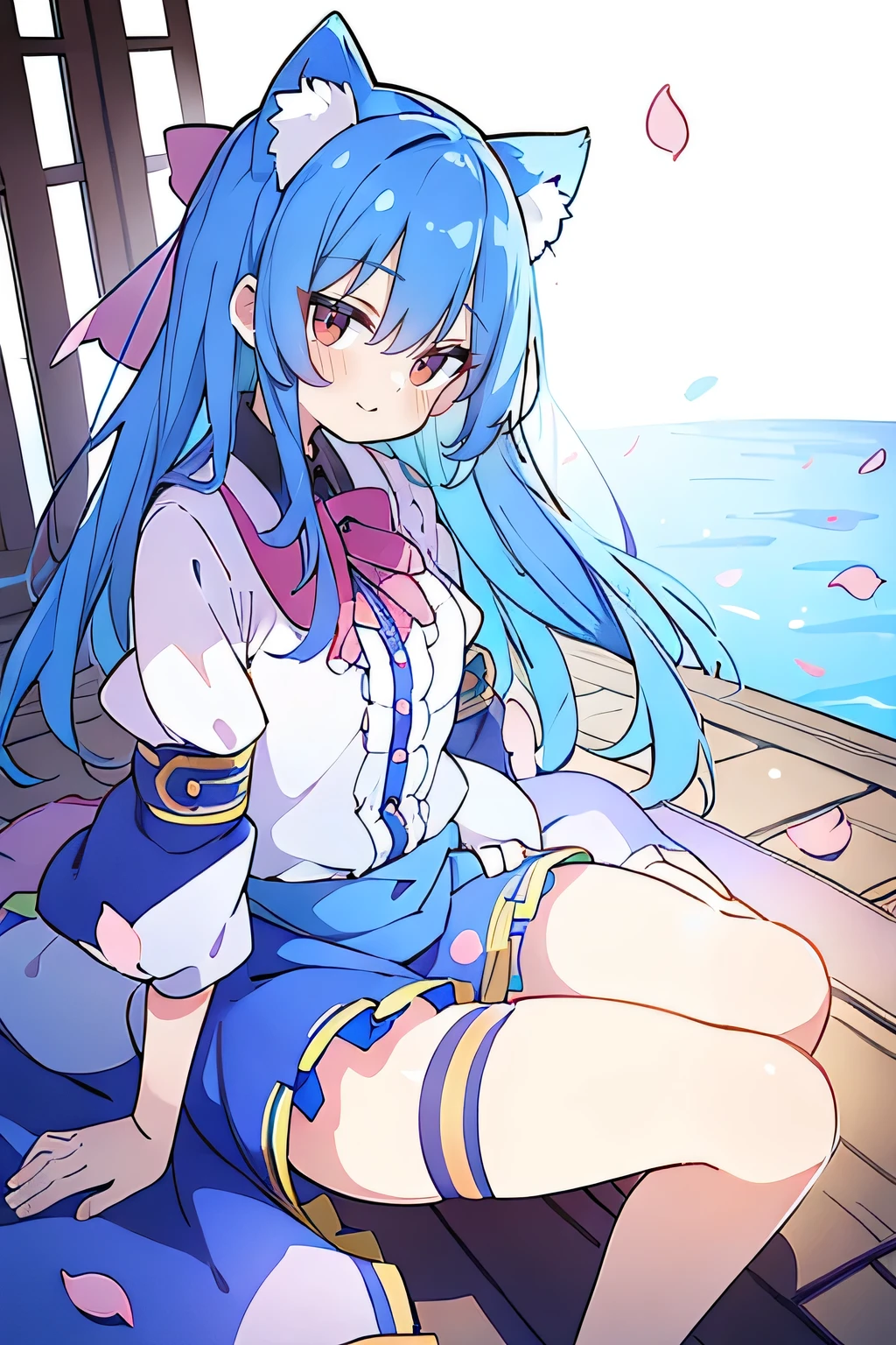 (masterpiece:1.2),ultra-detailed,realistic,expressive eyes,fair-skinned,perfectly shaped face,1girl,
Japanese cartoons,Gorgeous blue hair, flowing blue hair,floating clothes,cat ears,petals falling,beautiful Lola,Hina Angel,
hands on waist,gracefully sitting on the ground,legs crossed,gentle and serene background,cool and comfortable pavilion,smile.