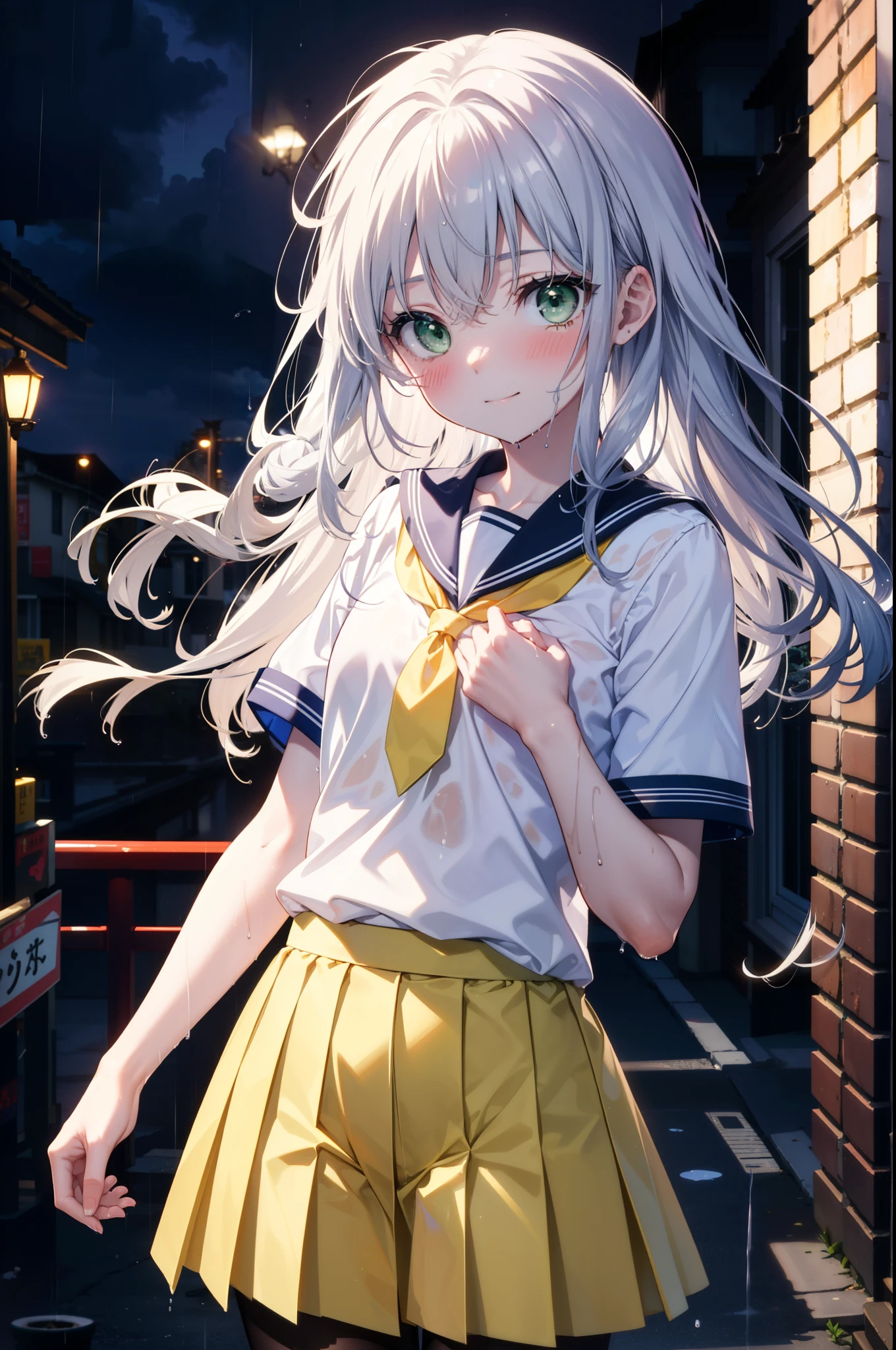 index, index, (Green Eyes:1.5), Silver Hair, Long Hair, (Flat Chest:1.2),smile,blush,Embarrassing,Wet Hair,Wet Skin,Wet clothes,Upper Eyes, uniform(Blue sailor suit),Short sleeve,Yellow pleated skirt,Black pantyhose,Brown Loafers,rain,cloudy,屋根がある建物でrainから隠れる,rain宿り,Puddle,evening,cloudy空,
break looking at viewer, Upper Body, whole body,(Cowboy Shot:1. 5)
break otdoors,In town,Building district,
break (masterpiece:1.2), highest quality, High resolution, unity 8k wallpaper, (figure:0.8), (Beautiful fine details:1.6), Highly detailed face, Perfect lighting, Highly detailed CG, (Perfect hands, Perfect Anatomy),