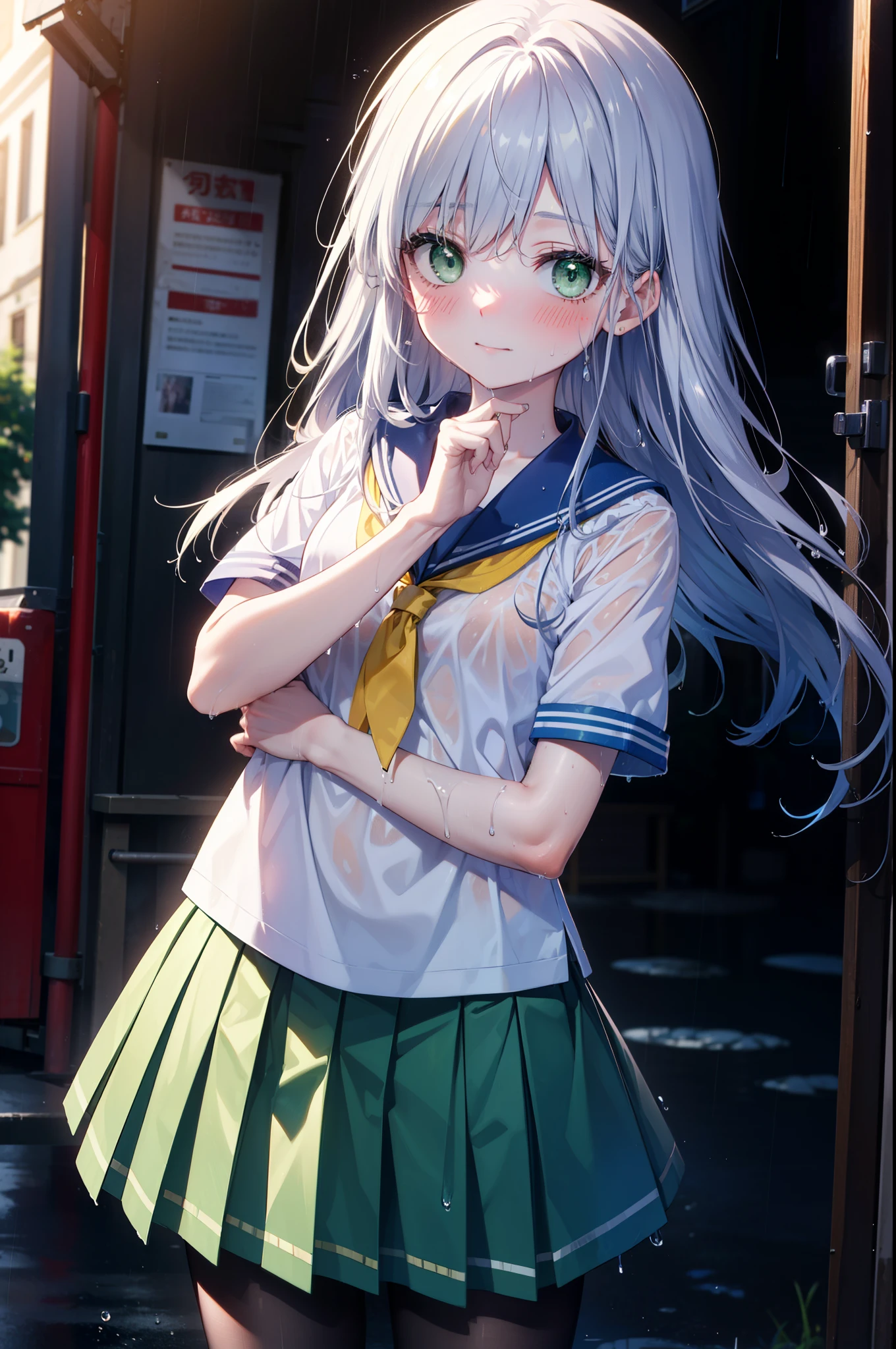 index, index, (Green Eyes:1.5), Silver Hair, Long Hair, (Flat Chest:1.2),smile,blush,Embarrassing,Wet Hair,Wet Skin,Wet clothes,Upper Eyes, uniform(Blue sailor suit),Short sleeve,Yellow pleated skirt,Black pantyhose,Brown Loafers,rain,cloudy,屋根がある建物でrainから隠れる,rain宿り,Puddle,evening,cloudy空,
break looking at viewer, Upper Body, whole body,(Cowboy Shot:1. 5)
break otdoors,In town,Building district,
break (masterpiece:1.2), highest quality, High resolution, unity 8k wallpaper, (figure:0.8), (Beautiful fine details:1.6), Highly detailed face, Perfect lighting, Highly detailed CG, (Perfect hands, Perfect Anatomy),