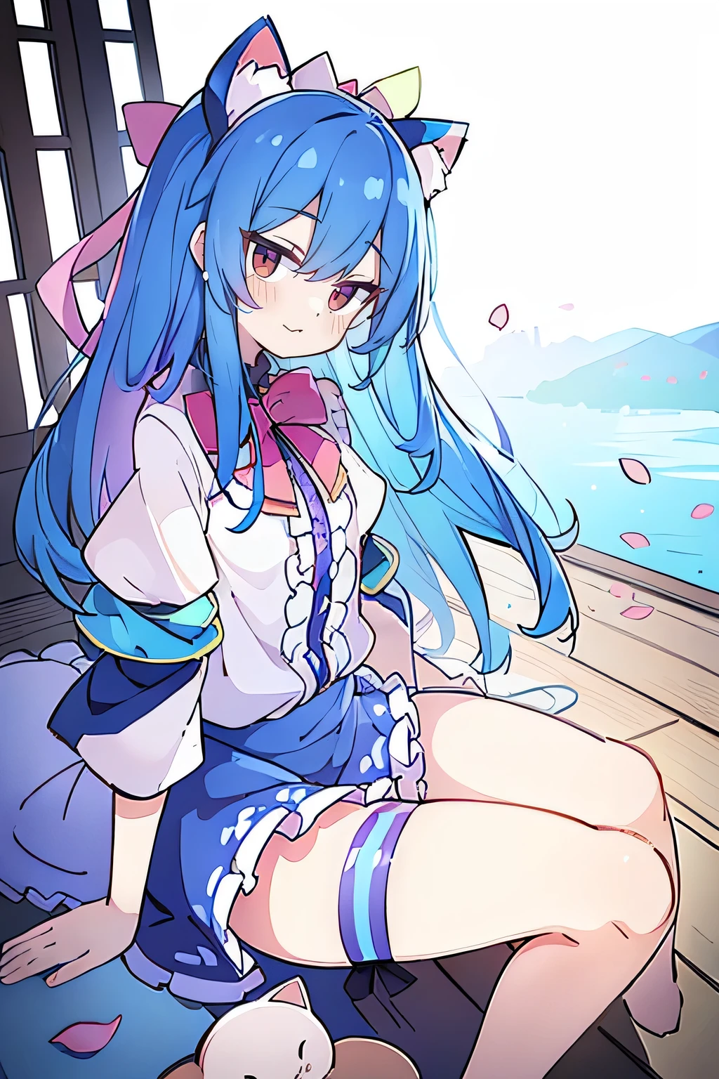(masterpiece:1.2),ultra-detailed,realistic,expressive eyes,fair-skinned,perfectly shaped face,1girl,
Japanese cartoons,Gorgeous blue hair, flowing blue hair,floating clothes,cat ears,petals falling,beautiful Lola,Hina Angel,
hands on waist,gracefully sitting on the ground,legs crossed,gentle and serene background,cool and comfortable pavilion,smile.