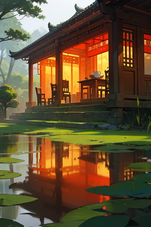 traditional chinese tea garden, green hills, tea bushes, wooden tables, chairs, visitors, tea, shade, trees, pheasants, beautiful, traditional chinese lanterns, cozy, mystical atmosphere
