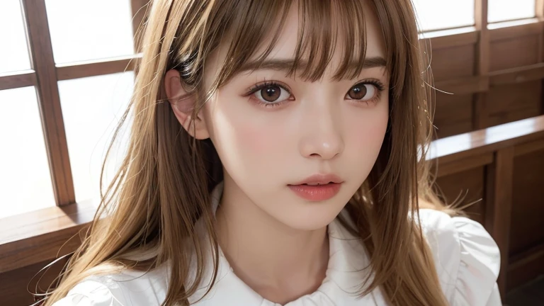 (long cut hair, bangs, Blonde Hair:1.2),(Wearing a blouse:1.2),1 girl,Japanese,28 years old,(Small breasts:1.3),(highest quality,masterpiece:1.3,超A high resolution,),(Ultra-detailed,Caustics),(Photorealistic:1.4,RAW shooting,)Ultra-Realistic Capture,Very detailed,High resolution 16K human skin close-up。 Natural skin texture、,Pores、、It needs to be detailed enough to be easily identifiable。 Skin should be even-toned and healthy looking。 Use natural light and colour, Sad expression, Looking at the camera, Perfect dynamic composition, Inside the church