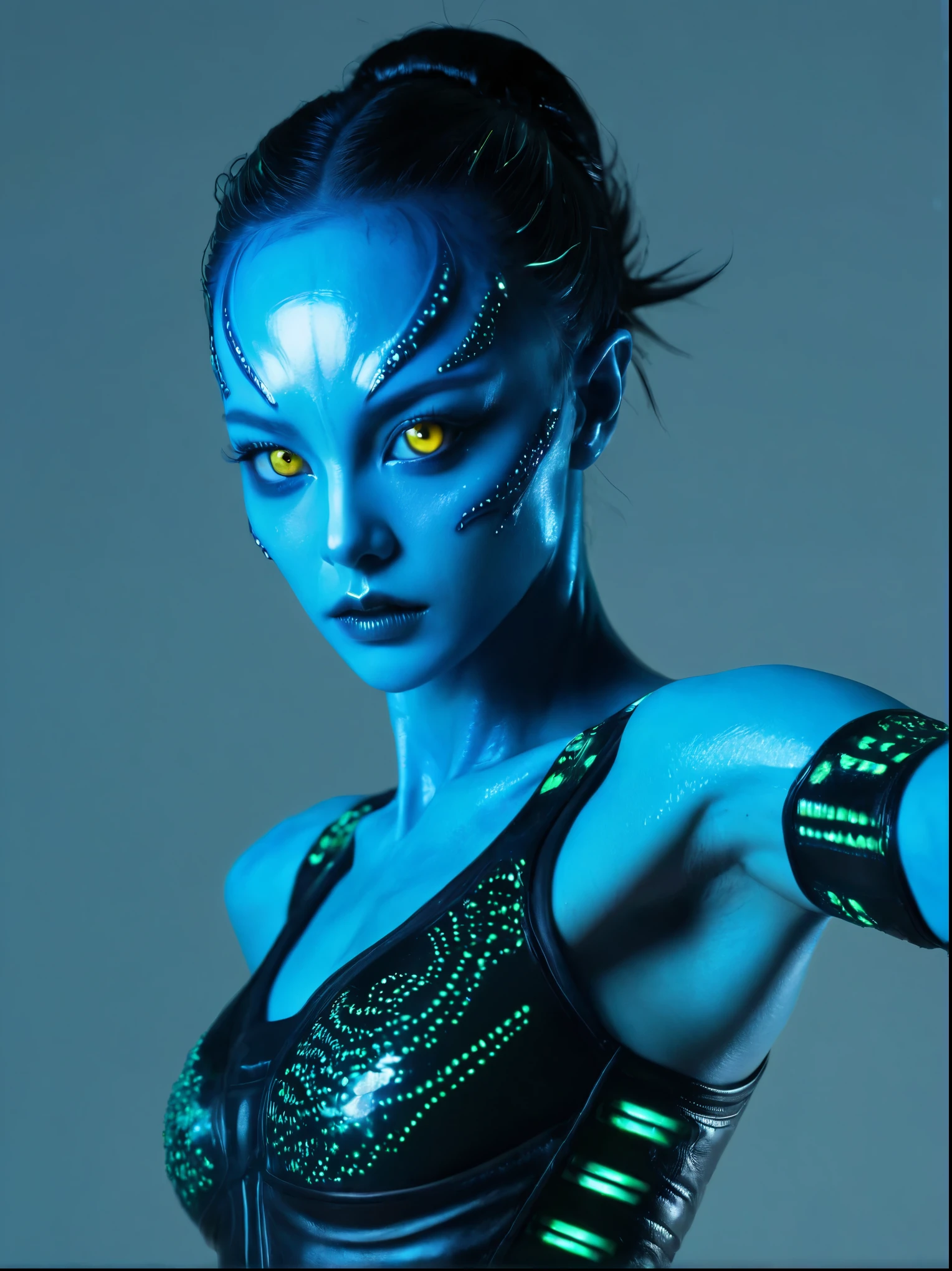 (a strange-looking female alien:1.4), glowing eyes, open mouth, sharp teeth, slime, aesthetic physique, (strange-looking alien body), fighting stance, artistic photos, 8k, Looking at the camera, light background, beautiful face, Blue skin