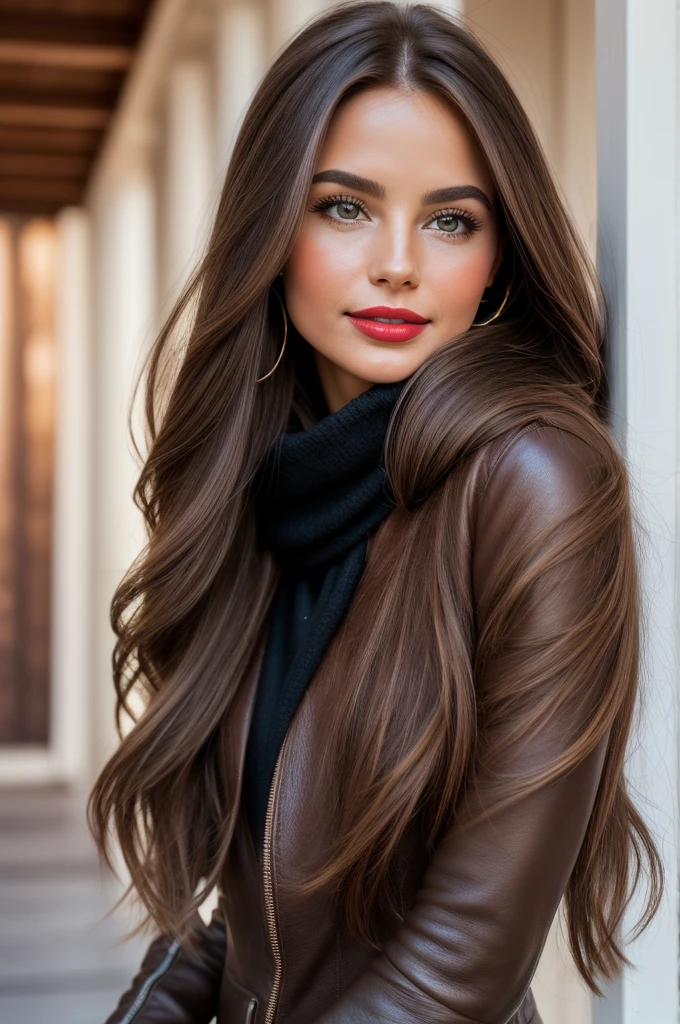 Professional photograph, best quality, 8K, hyper detailed, full body, A close up portrait of a Gorgeous, charming, alluring, graceful, majestic, classy, stylish, flowing super long brown haired argentinian woman. Flowing hair, silky hair, glowing hair, ethereal argentinian beauty, exotic argentinian beauty, timeless argentinian beauty, dream argentinian beauty. She has the cutest face, beaming countenance, fair porcelain skin, soft make-up, red lipstick, she is wearing a black leather jacket, sweater, scarf, skinny trousers, and boots. She's glad, happy, cheerful, joyful, angelical face, angelical beauty. Affectionate woman, tenderness and delicacy in person.