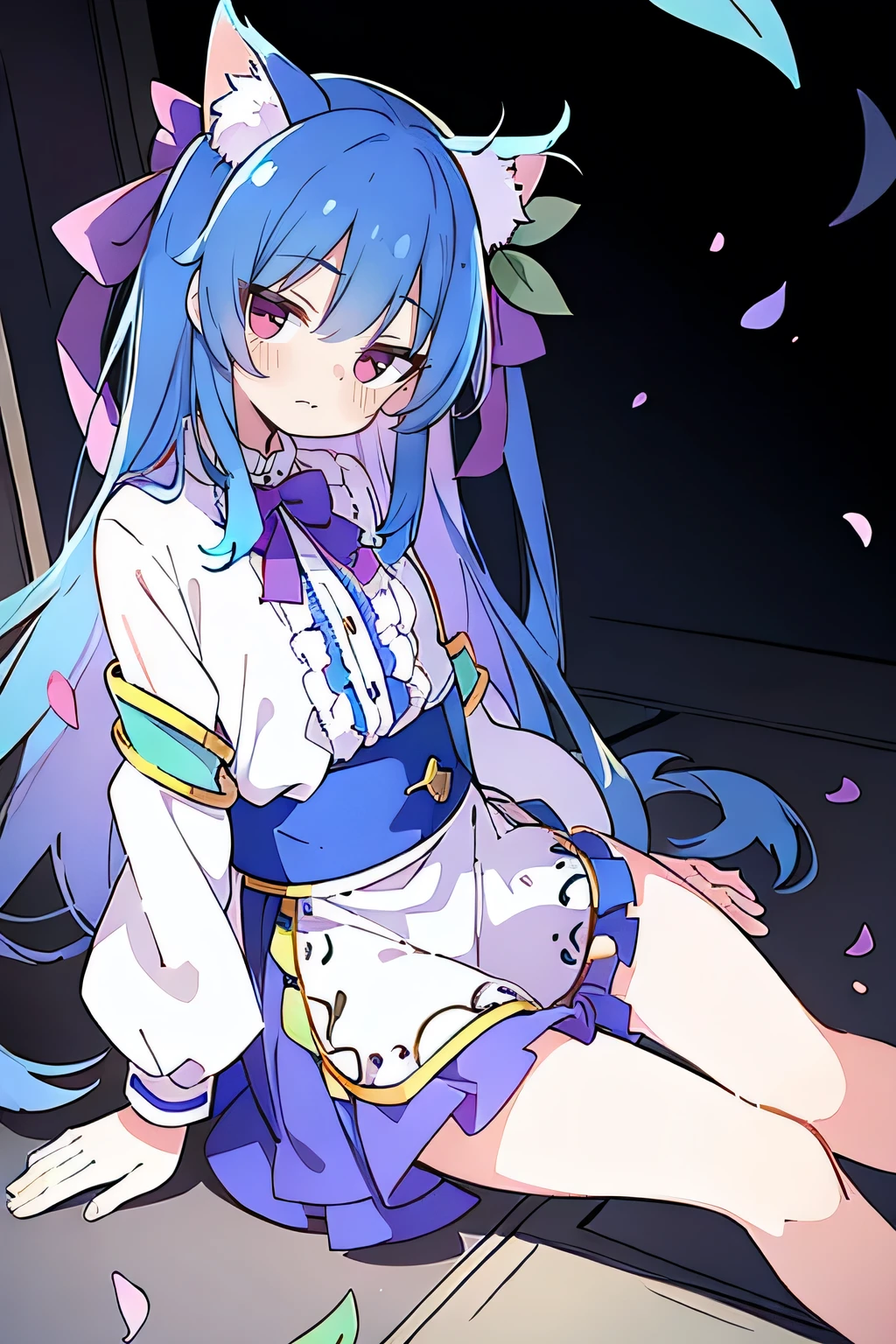 (masterpiece:1.2),ultra-detailed,realistic,expressive eyes,fair-skinned,perfectly shaped face,1girl,
Japanese cartoons,Gorgeous blue hair, flowing blue hair,floating clothes,cat ears,petals falling,beautiful Lola,Hina Angel,
hands on waist,gracefully sitting on the ground,legs crossed,gentle and serene background,cool and comfortable pavilion,smile.