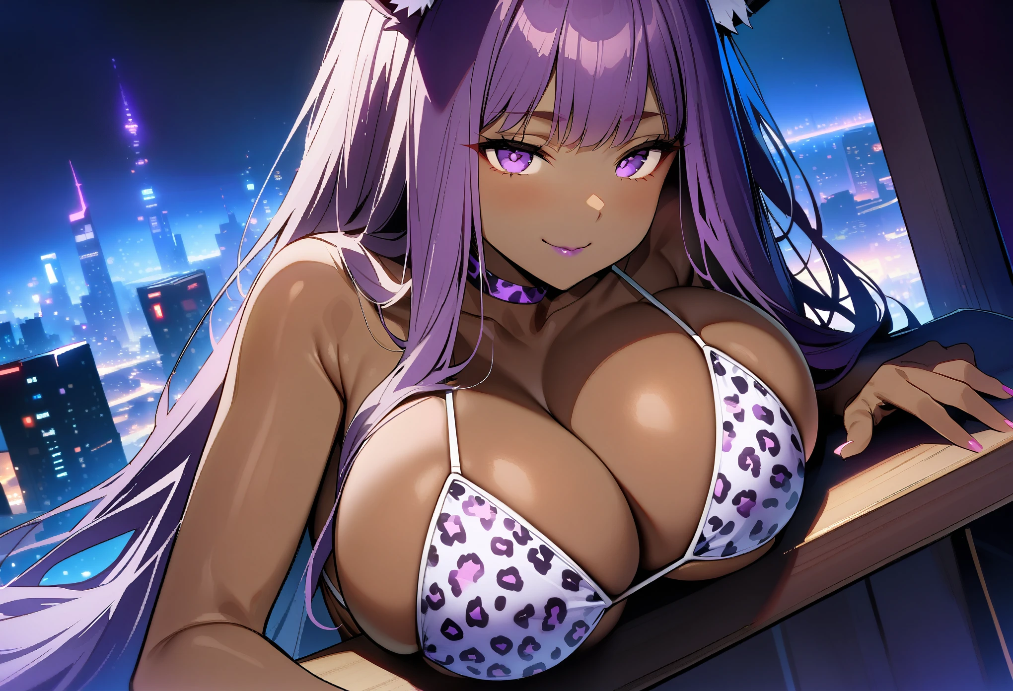 masterpiece, best quality, extremely detailed, 1girl, solo, (dark skin, brown skin:2), FernFrieren, (huge breasts:1.36), ((((purple hair), long hair, purple eyes, fox ears))), purple lips, (((choker, bikini, white leopard print bikini, panties))), ((naughty smile, sadistic), closed mouth), ((balcony, futuristic cityscape, night))