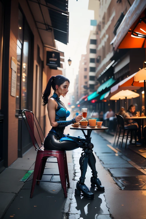 Female cyborg sitting at a table in a sidewalk cafe, best quality, high quality, absurdres, masterpiece, beautiful, intricate details, 1/2 body crop, slim body, beautiful figure, magnificent anatomy, (intricate details:1.12), HDR, (intricate details, hyper-detailing:1.15), (natural skin textures, hyper realisitc, soft light, Sharp:1.2)