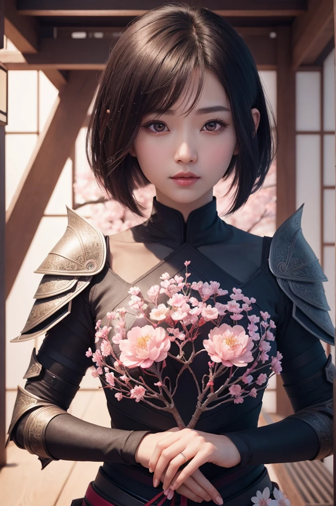 beautiful japanese young woman, wearing ninja armor, thick symmetrical features, very short hair, background is cherry blossoms, pink aura, red lips, octane render,