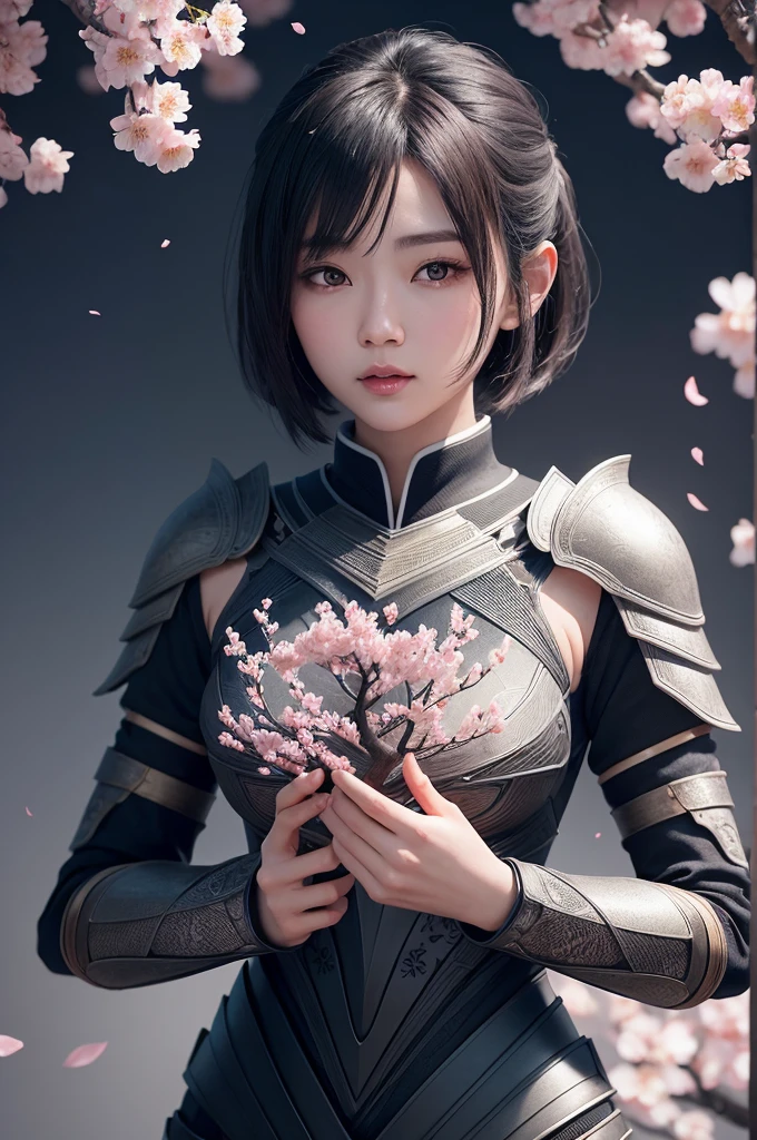 beautiful japanese young woman, wearing ninja armor, thick symmetrical features, very short hair, background is cherry blossoms, pink aura, red lips, octane render,