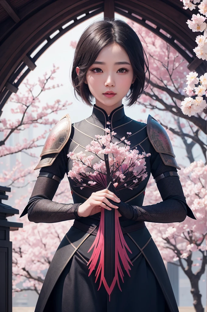 beautiful japanese young woman, wearing ninja armor, thick symmetrical features, very short hair, background is cherry blossoms, pink aura, red lips, octane render,