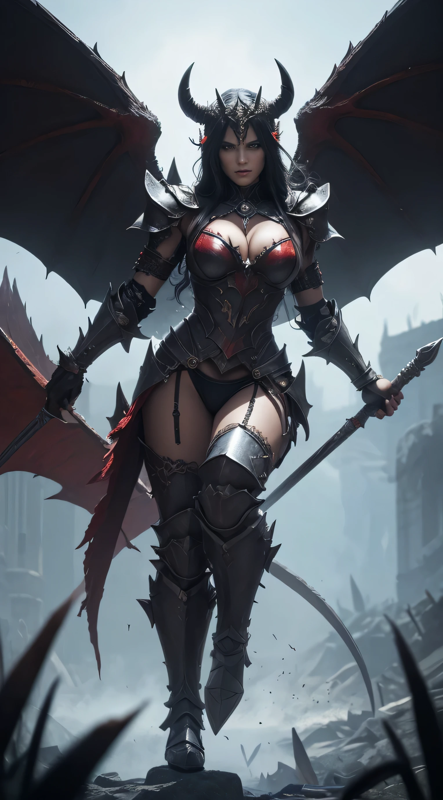 Cinematic effects, fire and brimstone, black and red demon armor, strong luster of armor, murderous armor style, with devil ornaments, exaggerated devil horns, spikes, scantily clad and its complex armor, exaggerated huge devil wings, visual impact, holding a square halberd, battle posture display, busty, cleavage, panties, motion photography, distant Athena statue, demonic hoards, perfect details, 8K, top painting, scene magic, outdoor photography, concept art, epic composition, with HD details, metallic texture and tension composition, hyper-realistic, ultra-realistic, rich in detail, 3D. C4D,
