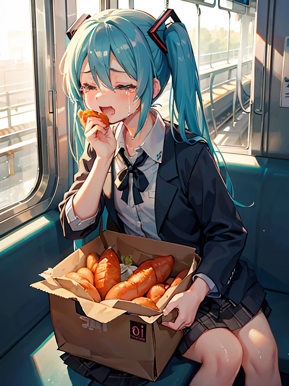 With a wrinkled face and big tears, I close my eyes and shed a flood of tears.、Hatsune Miku eating roasted sweet potatoes on the train while turning away, screaming and crying, and leaning her face back slightly