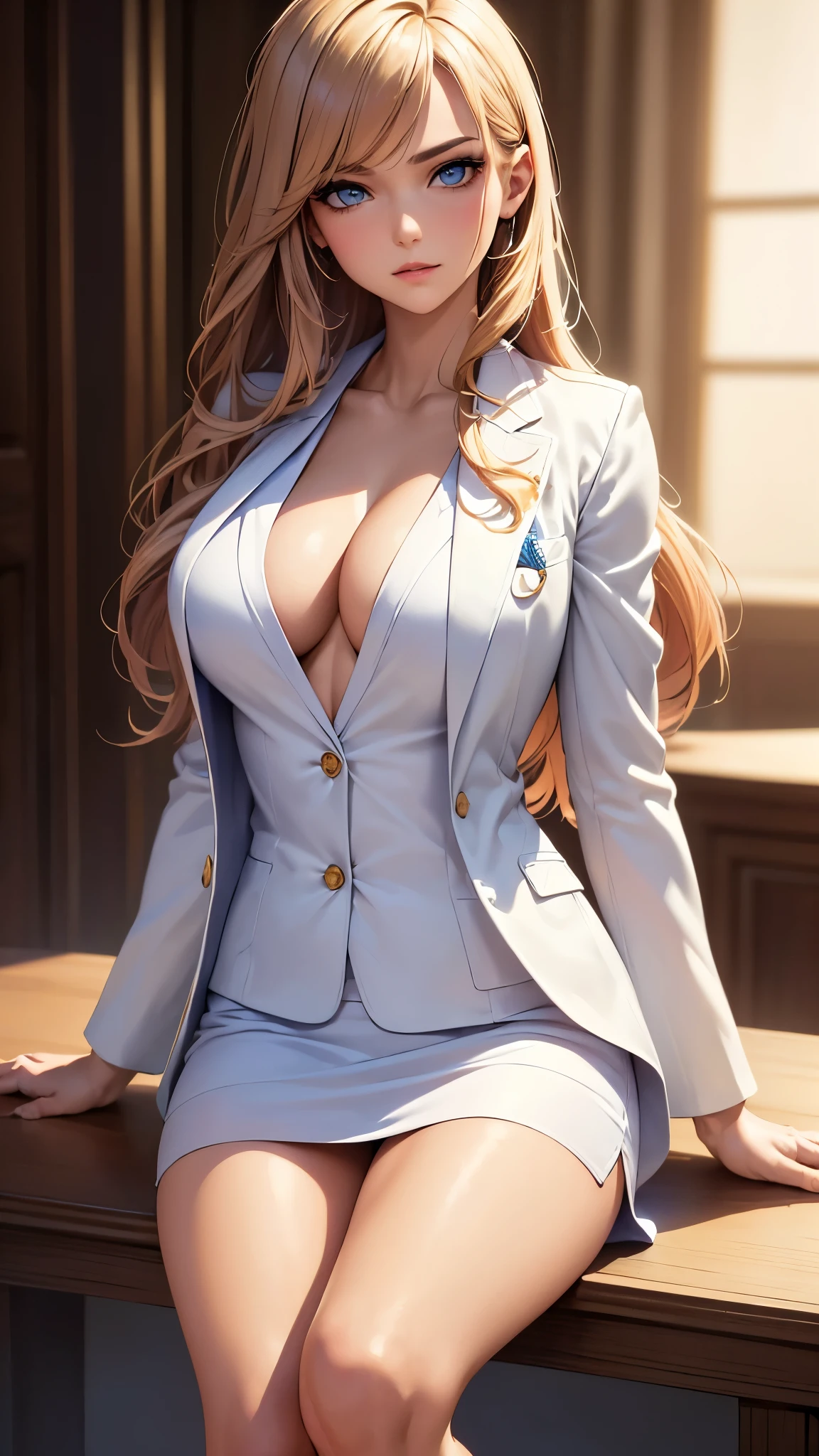 (best quality,4k,8k,highres,masterpiece:1.2),ultra-detailed,(realistic,photorealistic,photo-realistic:1.37),portraits,white panties,blazer jacket,long hair,adorable,full focus charm,studio lighting,vivid colors,soft and warm lighting,delicate details,candid moment,comfortable seating,sassy pose,front view