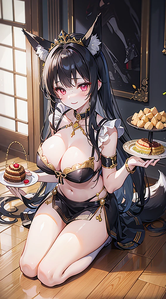 high quality, masterpiece, Ultra Detailed, Bottom View，1 girl,  Extremely detailed facial details,Navel，Black and gold maid costume，maid crown，White wedding tiara，Kneeling on the ground，Plate in hand，Red lips，handcuffs，collar，Calm expression,Smile，handcuffs，collar，Black long hair, Attractive pink eyes, Fox ears, Ridiculously big, glowing skin, Wooden floor，Dining room