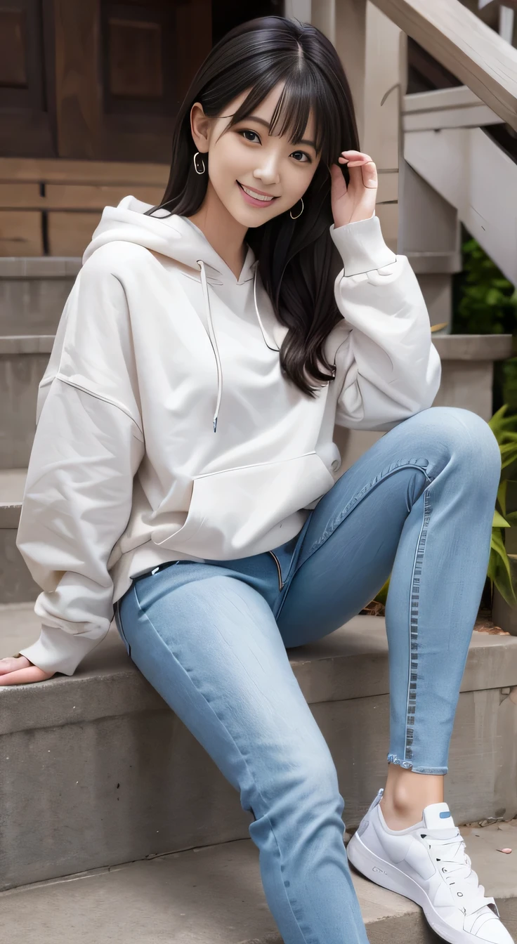 highest quality, Realistic, Very detailed, Finer details, High resolution, 8k wallpaper, One beautiful woman,Sit on the stairs、（Putting on socks）smile、（Beautiful teeth alignment、）（Gums are visible） Oversized hoodie, Skinny jeans, White sneakers、Black Hair、 Beautiful Bangs、ear piercing、、Perfect dynamic composition, Beautiful and detailed, Full Body Shot, A big smile
