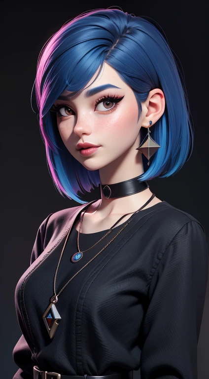 masterpiece, best quality,3d rending work ,3DMM style,close-up,portrait, 3D,1girl, solo, multicolored hair, blue hair, black hair, necklace, freckles, jewelry, two-tone hair, looking to the side, realistic, upper body, simple background, bangs, looking away, short hair, parted lips, black eyes, lips, gothic, choker, makeup, mole, black shirt, shirt, watermark