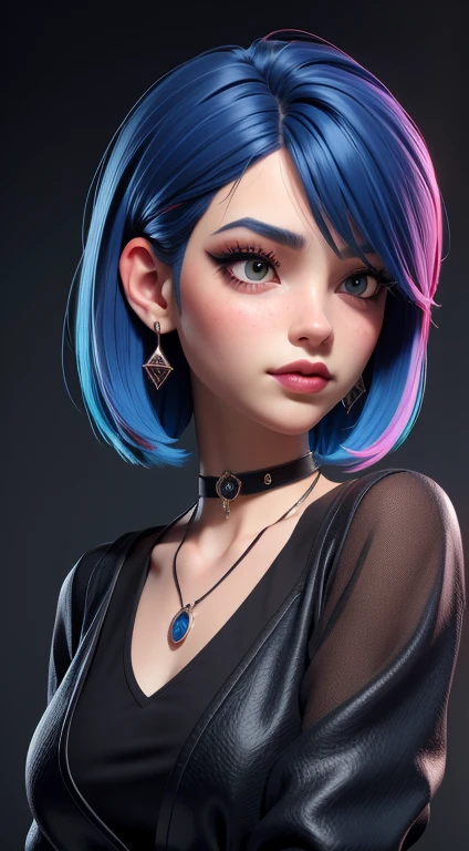 masterpiece, best quality,3d rending work ,3DMM style,close-up,portrait, 3D,1girl, solo, multicolored hair, blue hair, black hair, necklace, freckles, jewelry, two-tone hair, looking to the side, realistic, upper body, simple background, bangs, looking away, short hair, parted lips, black eyes, lips, gothic, choker, makeup, mole, black shirt, shirt, watermark