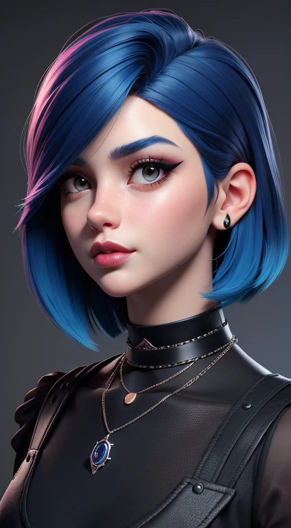 masterpiece, best quality,3d rending work ,3DMM style,close-up,portrait, 3D,1girl, solo, multicolored hair, blue hair, black hair, necklace, freckles, jewelry, two-tone hair, looking to the side, realistic, upper body, simple background, bangs, looking away, short hair, parted lips, black eyes, lips, gothic, choker, makeup, mole, black shirt, shirt, watermark