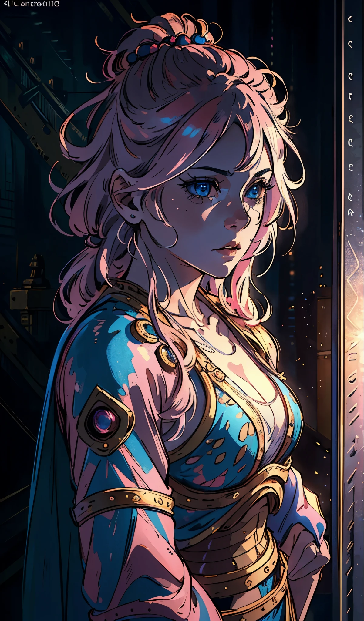 (best quality,4k,8k,highres,masterpiece:1.2),ultra-detailed,(realistic,photorealistic,photo-realistic:1.37),1monk warrior girl with pink techwear clothes,blue long hair,beautiful detailed eyes, beautiful detailed lips,long eyelashes,[abstract:0.9] vintage scifi background,vivid colors,studio lighting