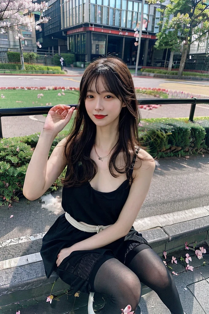 Armpit Hair、Show both sides、High heels(Black)、pantyhose(Black)、garter belt(Black)、Big Breasts、Long Hair(Black、straight)、Squat、Leg spread、Married Woman、first round、Voluptuous、Puddle、Outdoor、garden、Cherry Blossom Viewing、cherry blossoms