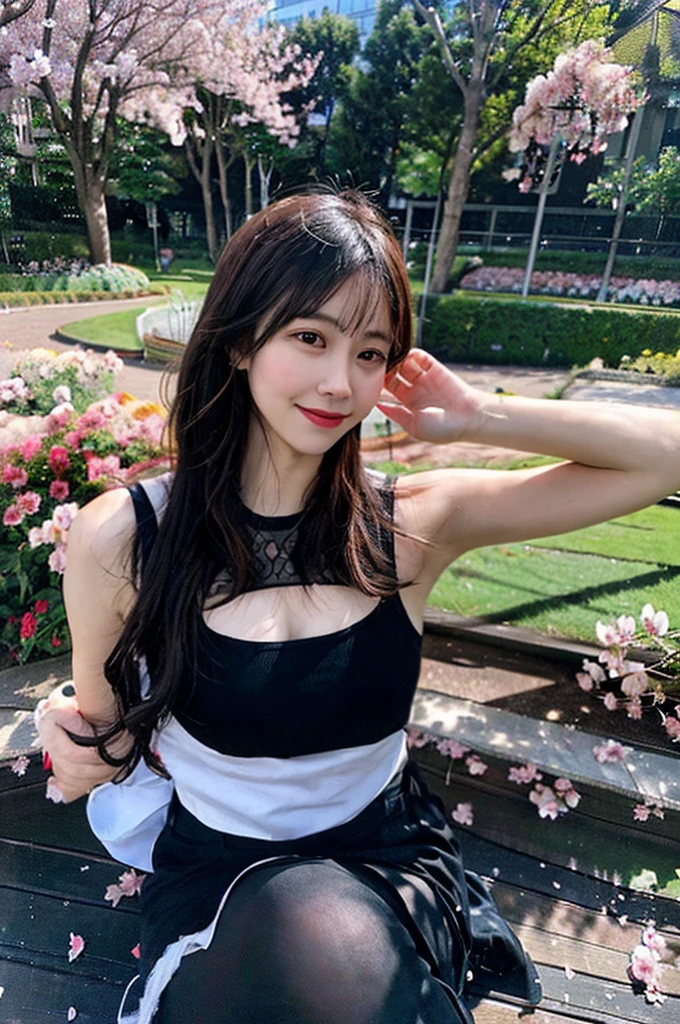 Armpit Hair、Show both sides、High heels(Black)、pantyhose(Black)、garter belt(Black)、Big Breasts、Long Hair(Black、straight)、Squat、Leg spread、Married Woman、first round、Voluptuous、Puddle、Outdoor、garden、Cherry Blossom Viewing、cherry blossoms