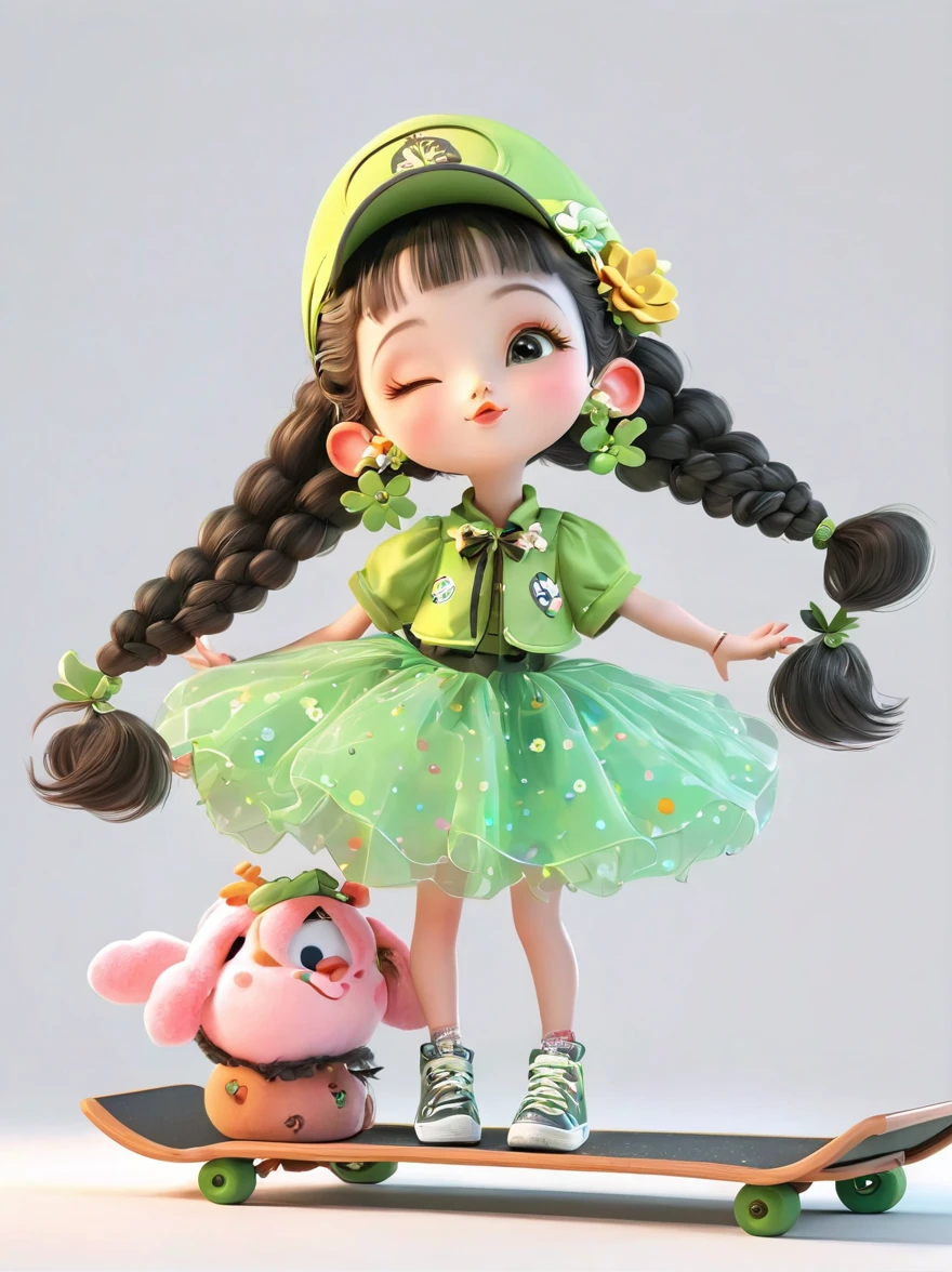 poster design, Flower elements, Starry sky elements, weird, Girl holding two hands and a hat, Dark silver, light green, red light, whole body, Corporate punk, 角色detail设计, Plush doll art style, Colorful animation stills, colorful animation stills, Garage Kit, 2D, 2D Game Art, Cute and colorful, intellectual property, 3d, C4D, Blender, Unreal Engine, 8K, OC Renderer, Excellent lighting, Chiaroscuro, detail, Art Award, Light, Ultra HD, 3d rendering, Realistic design, best quality, Holding coffee cup,whole body,Standing,Wear a pair of casual sneakers,Solid color background
