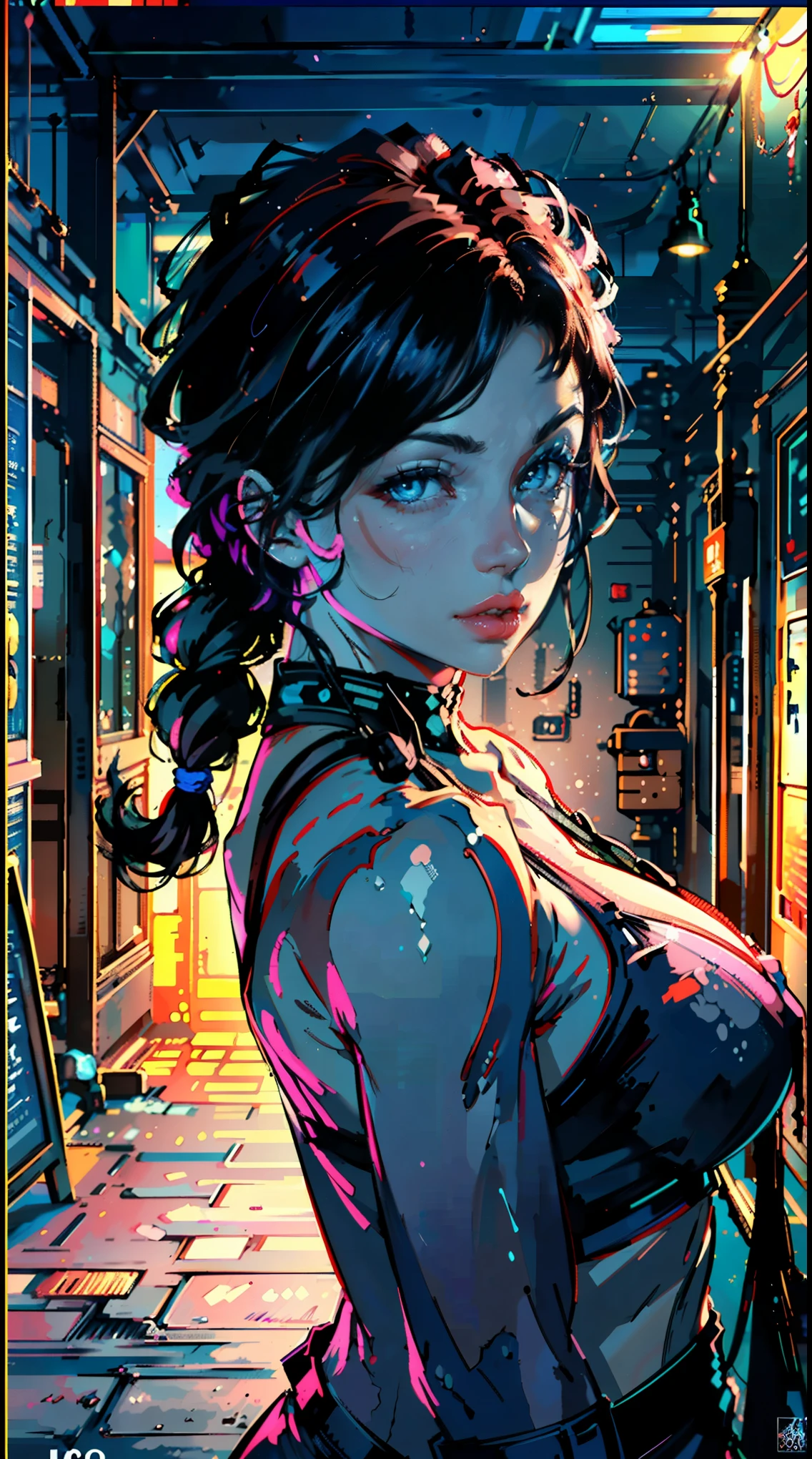 (best quality,4k,8k,highres,masterpiece:1.2),ultra-detailed,(realistic,photorealistic,photo-realistic:1.37),1monk warrior girl with pink techwear clothes,blue long hair,beautiful detailed eyes, beautiful detailed lips,long eyelashes,[abstract:0.9] vintage scifi background,vivid colors,studio lighting