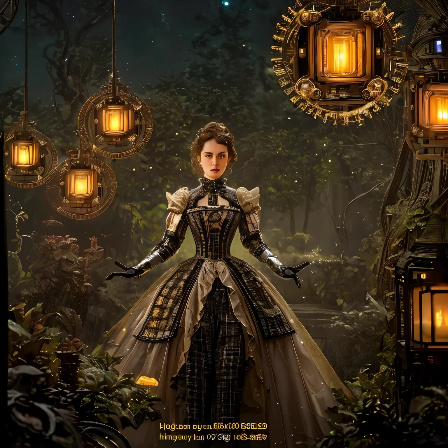 This enchanting scene is、A masterpiece of unparalleled beauty and top quality.。With meticulous attention to detail、Every element is transformed into something magical.。Immerse yourself in a world inspired by Victorian sci-fi。A woman elegantly dressed in an intricately designed checkered outfit catches the eye。Her elegant demeanor、It exudes sophistication and glamour。Beside him stood a robot clad in gorgeous armor.、Its gears and metal exterior glow brightly in the dim light.、Reminiscent of the exquisite work of Hugh Kretschmer。This movie is a masterpiece of cinema、Every frame is expertly constructed、Rendered in 8K resolution with HDR and sharp focus