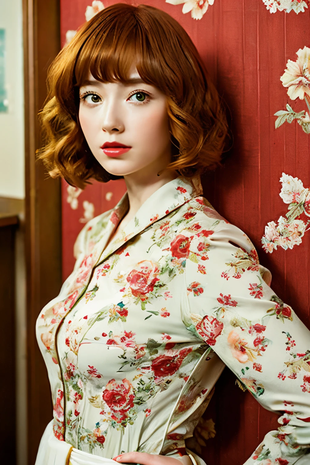 Yokohama shashin style ultra realistic old photography of a redhead lady. Sepia tones and very very very pale colors. Highly faded colors Three-quarter shot photography. She has very very short ginger disheveled haircut Very very very short hair red lipstick She stands in room. Behind her, on the background, there is a floral torn wallpaper. Red japanese ideograms at the bottom right of the picture as an artist's signature