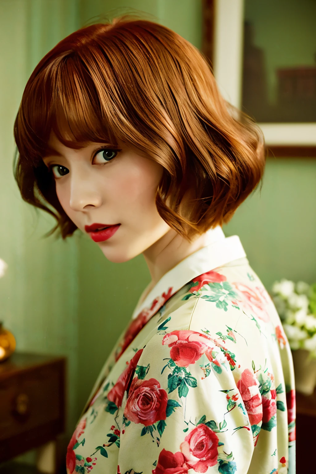Yokohama shashin style ultra realistic old photography of a redhead lady. Sepia tones and very very very pale colors. Highly faded colors Three-quarter shot photography. She has very very short ginger disheveled haircut Very very very short hair red lipstick She stands in room. Behind her, on the background, there is a floral torn wallpaper. Red japanese ideograms at the bottom right of the picture as an artist's signature