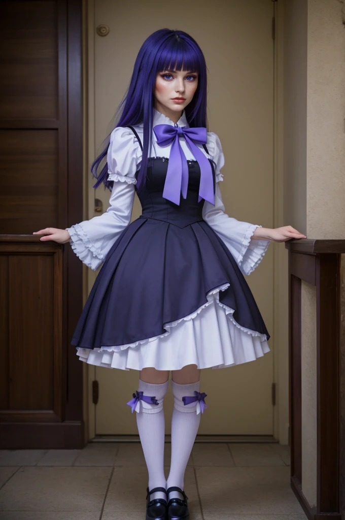 (masterpiece, best quality), 1girl, frederica bernkastel, purple eyes, purple hair, long hair, purple bow, dress, frills, white kneehighs,  kneehighs bow, mary janes, amazingly beautiful girl, 32k RAW photography, professional photoshoot,