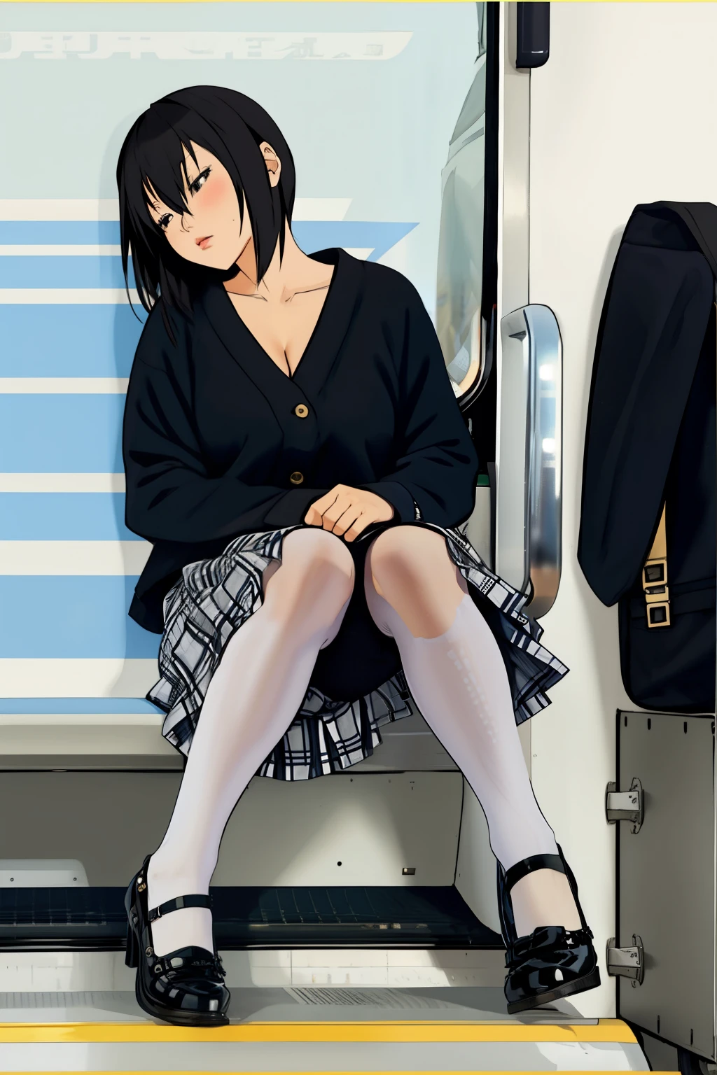 visible crotch, head turned sleepy eyes, black pantyhose, heels, subway train sitting, or bus sitting car